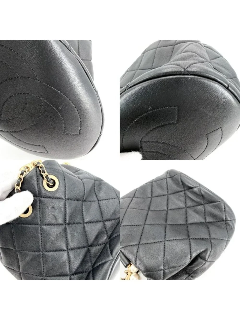 Chanel CC Logo Quilted Bucket Bag Pearl Handle Lambskin Black Gold
